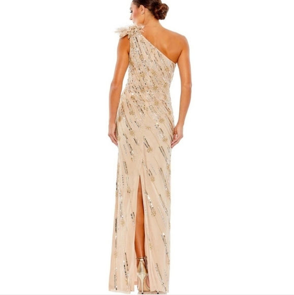 MAC DUGGAL Nude Embellished Floral Detail One Shoulder Gown Size 12 NWT - Picture 3 of 15